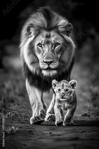 Powerful black and white photo of a male lion walking alongside his cub, capturing a moment of strength, protection, and family bond
