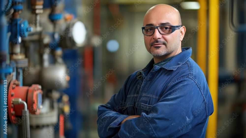 A man in a blue jacket and safety glasses stands in front of a pipe A man in a blue jacket and safety glasses stands in front of a pipe