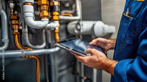 A man in a blue uniform is holding a tablet and looking at a pipe
