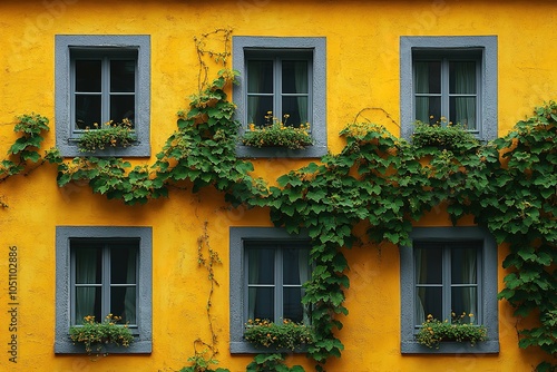 Vibrant yellow building facade with ivy and flower boxes.
