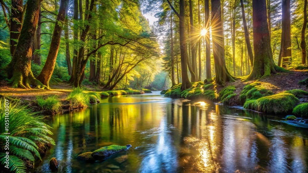 Golden Sunlight Illuminates a Serene Forest Stream, Creating a Tranquil Scene of Nature's Beauty Golden Sunlight Illuminates a Serene Forest Stream, Creating a Tranquil Scene of Nature's Beauty
