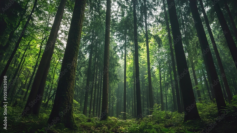 Fototapeta premium Enchanted Forest: Tall Trees and Sunlight