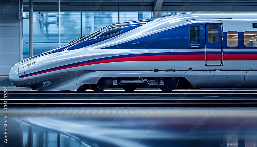 A sleek high-speed train at a modern station, showcasing advanced transport technology. A sleek high-speed train at a modern station, showcasing advanced transport technology.
