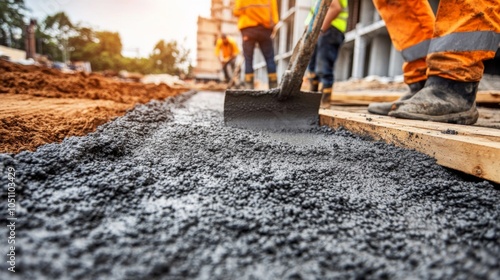 Construction Worker Paving Fresh Concrete on Site photo