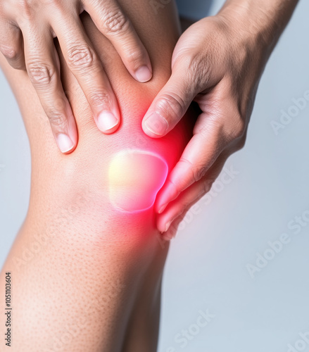 Close-Up of a Person Holding Their Knee in Pain with Red Highlight Indicating Swelling, Expressive Face and Gentle Hand Massage on Pink Freckled Skin Against a Soft White Background photo