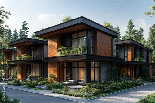 Modern townhouses with wood and black accents