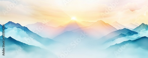 A serene mountain landscape in soft pastel tones, with a large, open sky above and gently illuminated mountain peaks, giving a sense of peace and openness