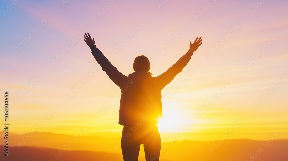 Fototapeta premium silhouette of a person with arms raised on the top of mountain