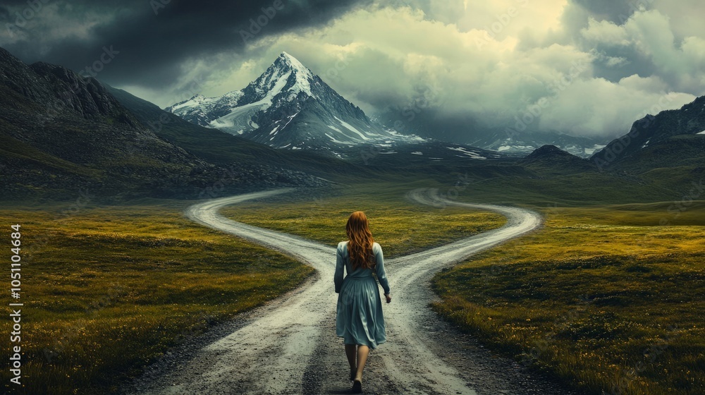 Fototapeta premium A woman at a fork in the road, making decisions. generative ai