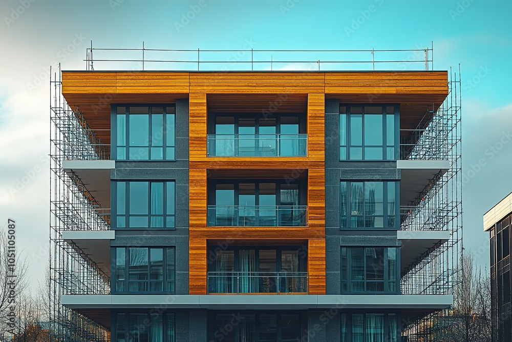 Obraz premium A modern apartment building with scaffolding during construction.
