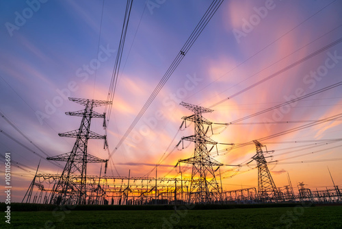 The pylons are in the evening, Substation in the evening, High voltage substation and beautiful sunset glow