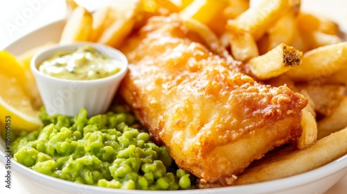 Crispy Fish and Chips with Mushy Peas and Lemon