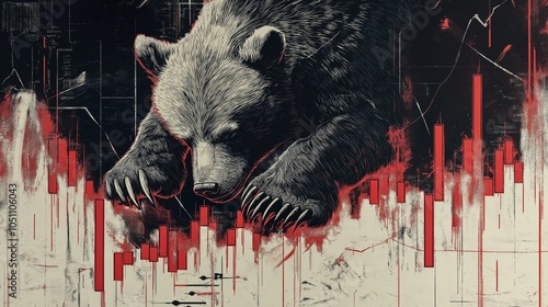Bear Market: A powerful bear with sharp claws stands on a graph with red bars falling, symbolizing the decline of the stock market.