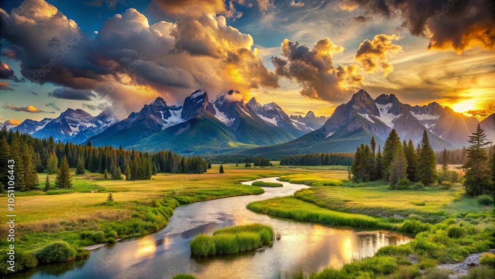 Serene River Winding Through a Meadow with Majestic Mountain Peaks and a Dramatic Sunset Sky Serene River Winding Through a Meadow with Majestic Mountain Peaks and a Dramatic Sunset Sky