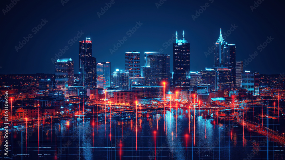 Fototapeta premium Dynamic fusion of Nashville's illuminated skyline and forex trading concepts in a night panorama