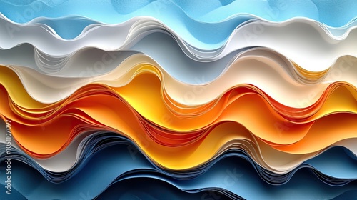 paper quilling design with flowing, curved wavy lines in yellow, orange, and white on blue background.illustration