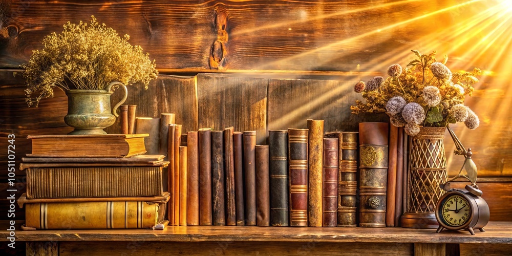 Obraz premium Sunlight illuminating a row of worn leather-bound books on a wooden shelf, accompanied by vintage floral arrangements and a delicate antique clock