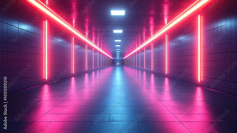 rendered futuristic room with neon light lines reflecting on the floor in dark empty room, ideal for digital displays.stock photo rendered futuristic room with neon light lines reflecting on the floor in dark empty room, ideal for digital displays.stock photo
