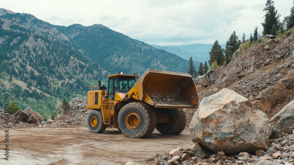 Heavy Machinery Working in Mountain Landscape Heavy Machinery Working in Mountain Landscape