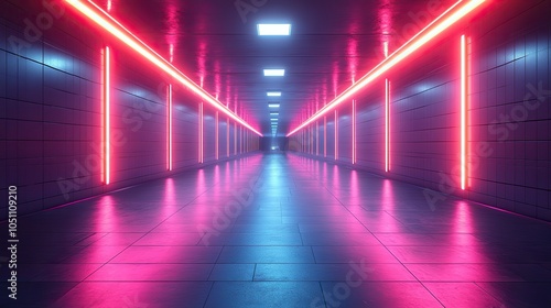 rendered futuristic room with neon light lines reflecting on the floor in dark empty room  ideal for digital displays.stock photo