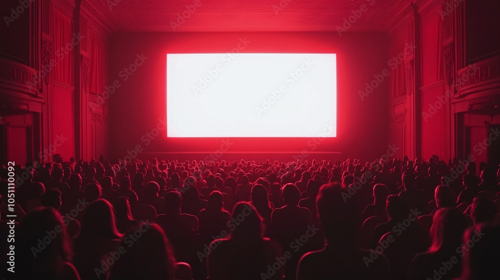 A crowded theater filled with anonymous viewers, all gazing at a bright, blank screen illuminated by a red ambiance, creating an intense atmosphere. A crowded theater filled with anonymous viewers, all gazing at a bright, blank screen illuminated by a red ambiance, creating an intense atmosphere.