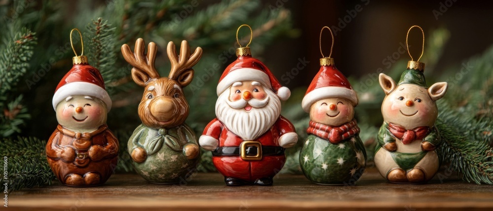 Five Ceramic Christmas Ornaments Featuring Santa, Snowman, Reindeer, and Two Elves Five Ceramic Christmas Ornaments Featuring Santa, Snowman, Reindeer, and Two Elves