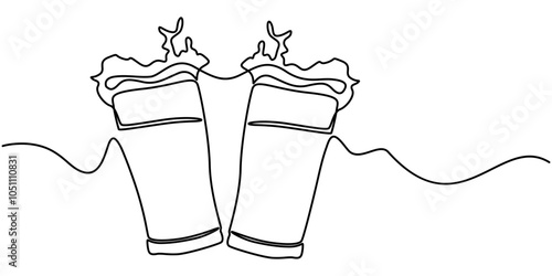 Two clinking glasses with beer in one line on a white background. The concept of a friendly feast and toast. Weekend beer evening stock vector illustration, Two glasses of beer one line continuous.