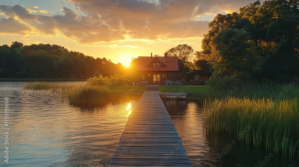 Fototapeta premium beautiful house on the water with an oversized dock, surrounded by nature, ideal for summer evenings.image