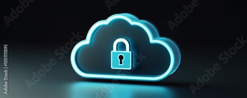 3D cloud icon with a lock, representing secure data storage, neon blue light effects on a dark background, digital security theme