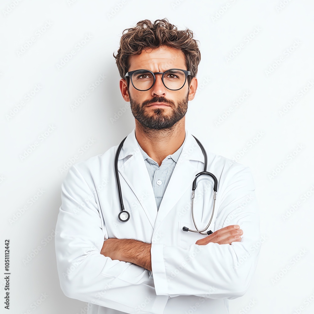 Fototapeta premium Confident male doctor with glasses and stethoscope, white background.