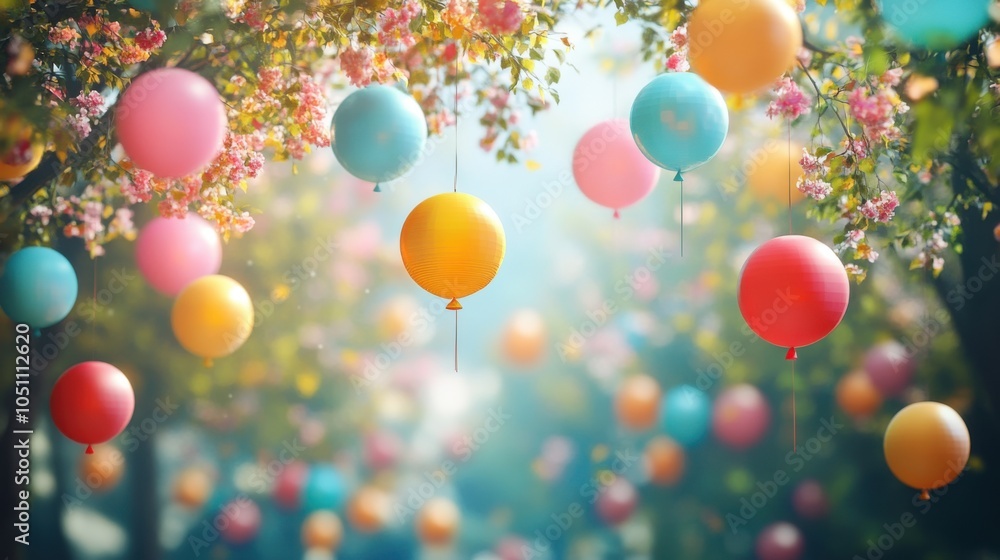 Colorful balloons floating in a vibrant garden setting, creating a festive atmosphere Colorful balloons floating in a vibrant garden setting, creating a festive atmosphere