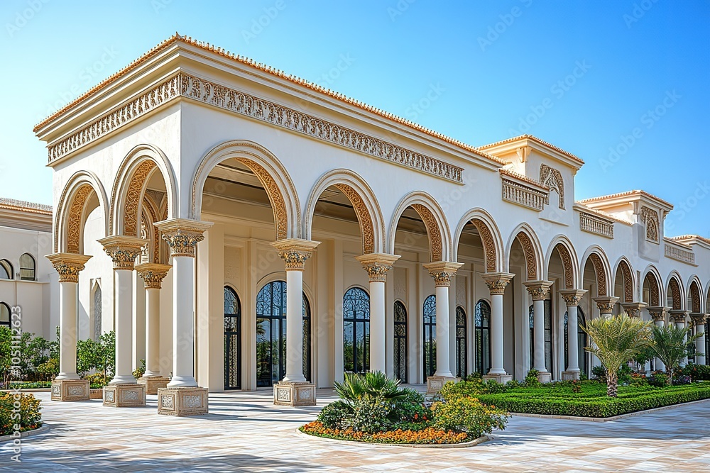 Obraz premium White building with arched doorways and ornate details.