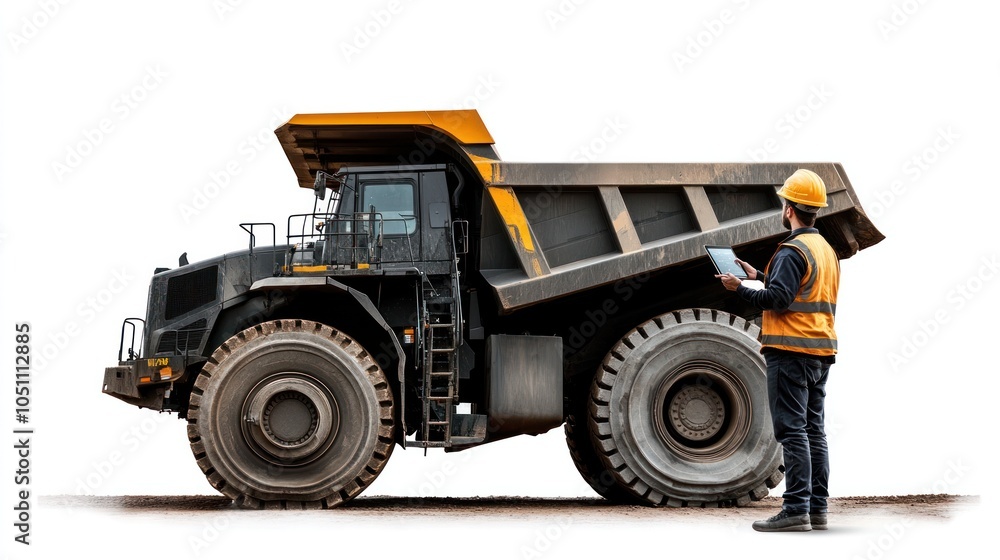 A dump truck driver in a high-visibility uniform stands near a large truck, holding a tablet computer, A dump truck driver in a high-visibility uniform stands near a large truck, holding a tablet computer,