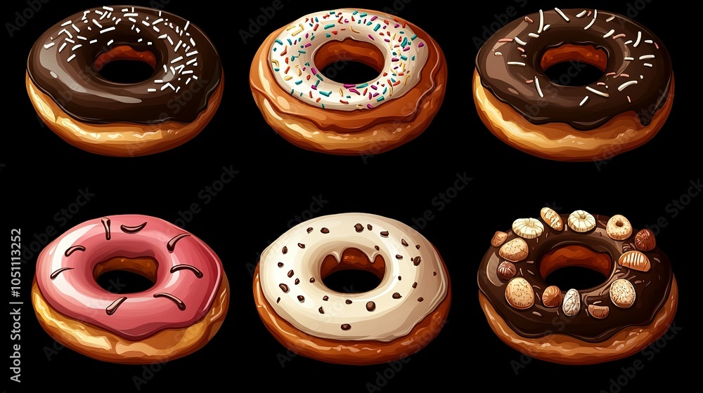 Fototapeta premium Six Glazed Donuts with Various Toppings on a Black Background