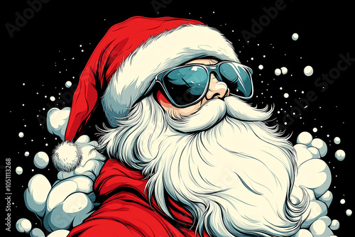 A cartoon of Santa wearing sunglasses and a red hat. The sunglasses are on his face and the hat is on his head photo