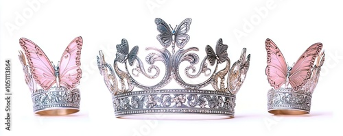 Elegant tiara adorned with pink butterflies, perfect for celebrations, parties, or costume events, showcasing beauty and whimsy.
