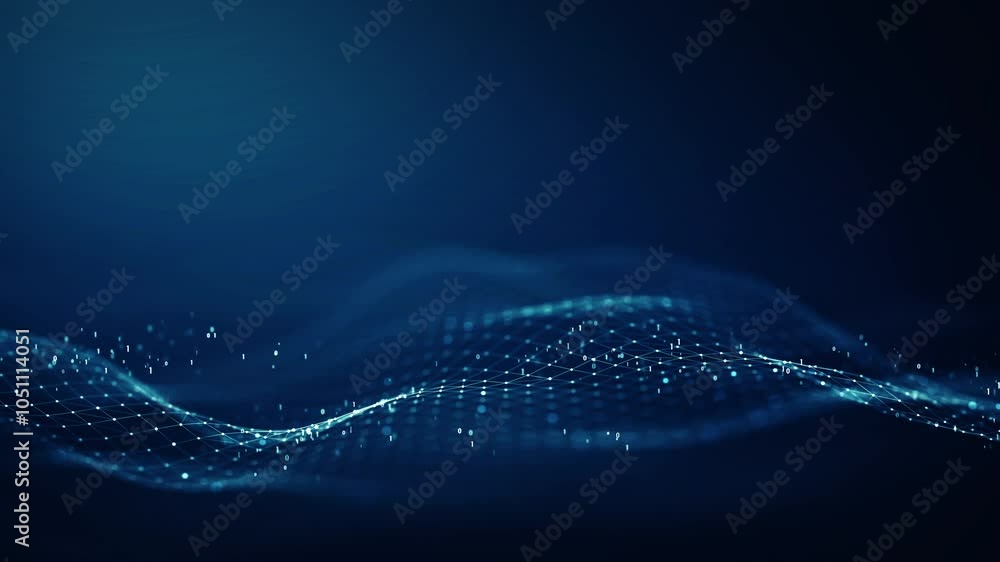 Big Data concept. Elegant blue digital wave with binary particles on a dark background, depicting modern technology and data flow concept. Seamless loop.4K