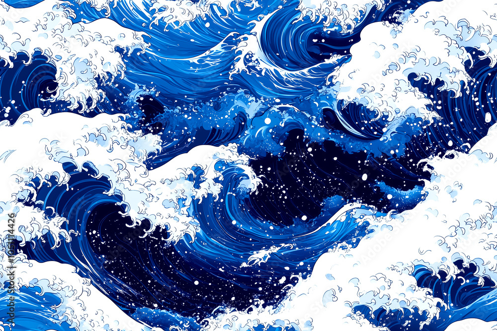 Naklejka premium The image is a beautiful blue and white ocean wave. The waves are crashing against the shore, creating a sense of power and movement. The sky above the waves is clear and bright