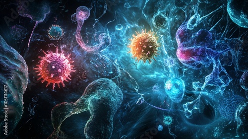 Colorful and detailed microscopic view of viruses and bacteria floating in a dark background, showcasing their unique structures and movements. photo