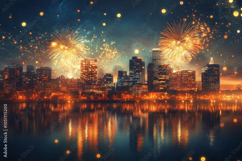 Obraz premium Cityscape with Fireworks Display Over Water