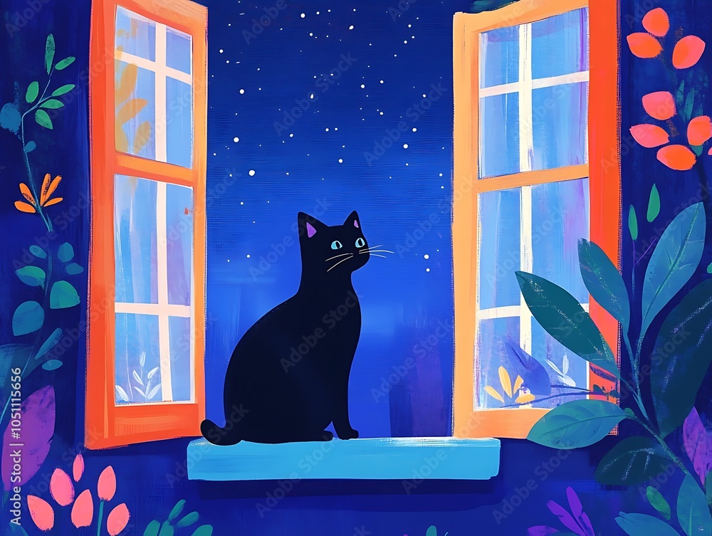Fototapeta Illustration art of a cat standing by an open window