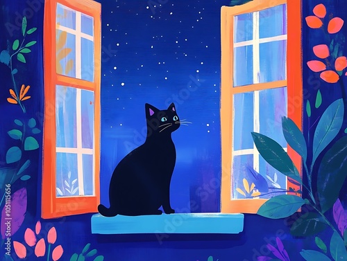 Illustration art of a cat standing by an open window