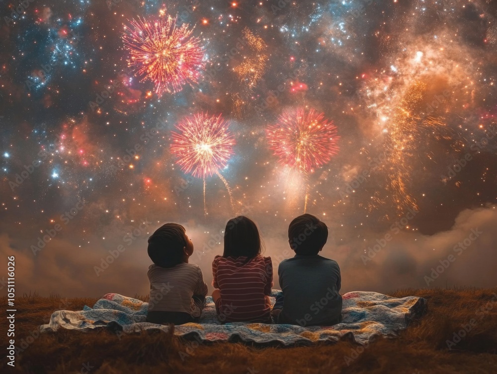 Three Children Witnessing Fireworks Display Against Starry Night Sky Three Children Witnessing Fireworks Display Against Starry Night Sky