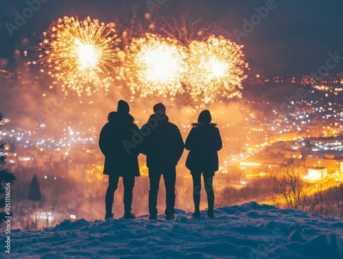 Three Silhouettes Watching Fireworks Over a Snowy Cityscape