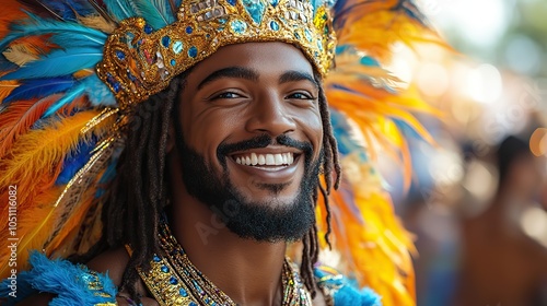 Brazilian samb dancer in colorful feathered costume dances in the street parade, celebrating Carnival with bright tropical hues.image photo