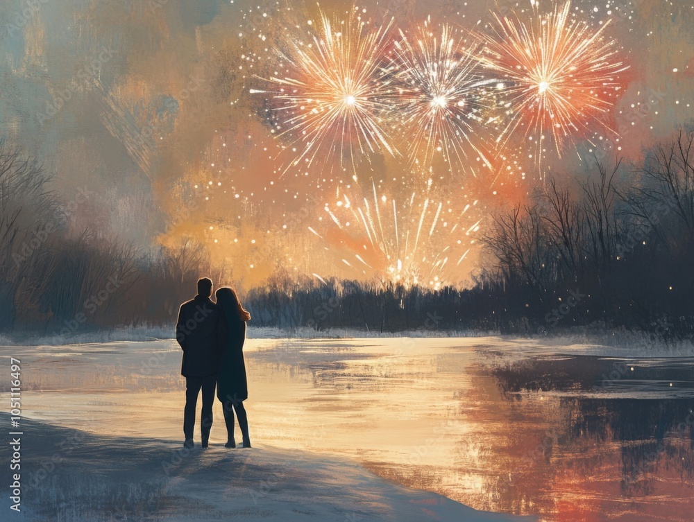 Fototapeta premium Couple Silhouetted Against Fireworks Over a Frozen Lake