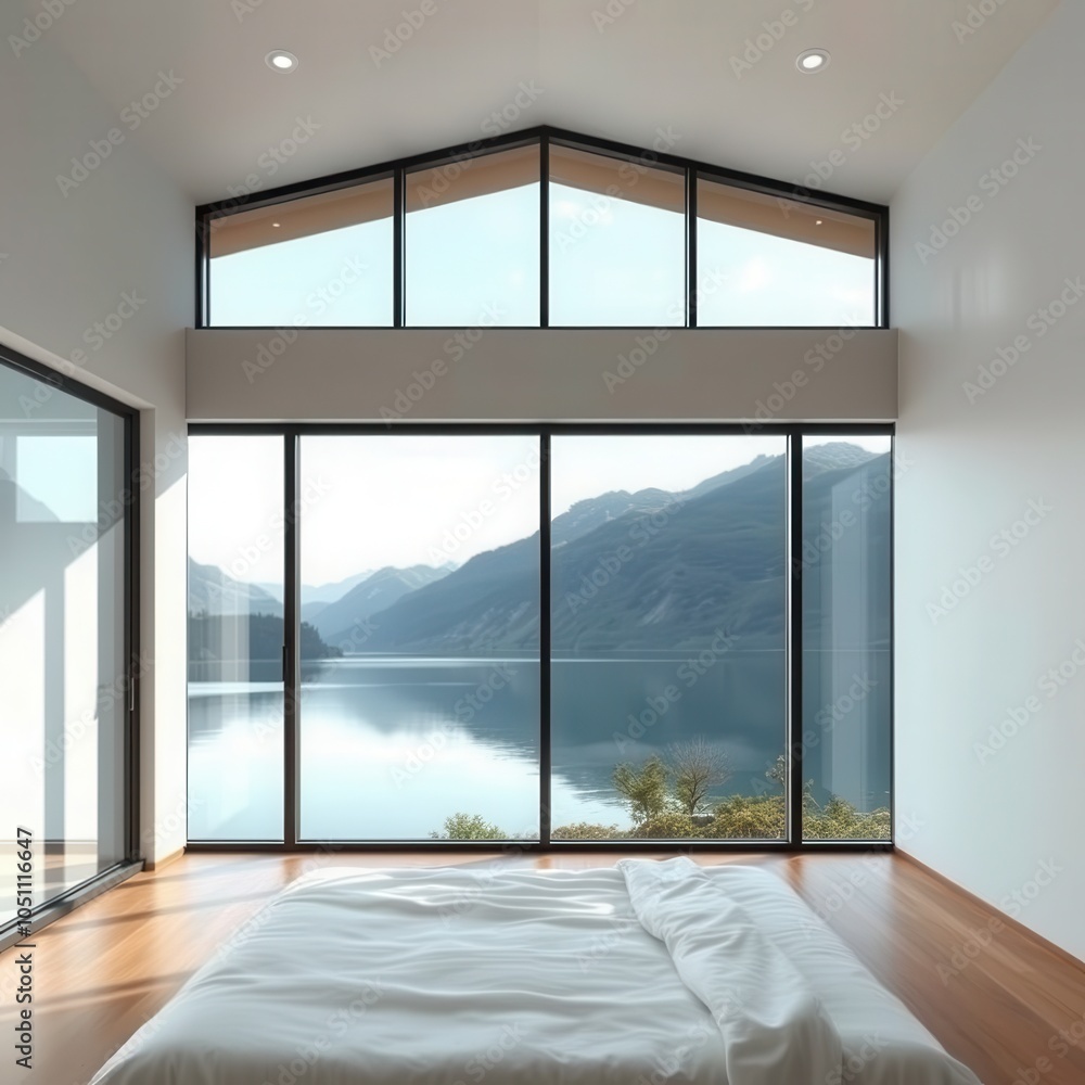 Obraz premium A bedroom with a large window overlooking a lake