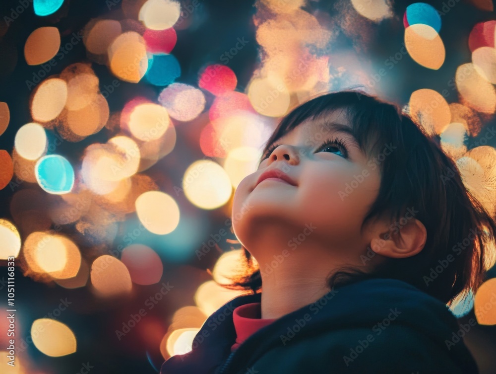 Young girl gazing up at a bokeh of lights Young girl gazing up at a bokeh of lights