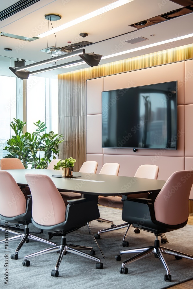 Fototapeta premium A stylish meeting area with a large screen for video calls. Remote team members can easily join discussions