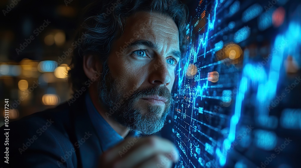 businessman draws blue growth graph on virtual screen, depicting stock market trends and business success against dark backdrop.stock photo businessman draws blue growth graph on virtual screen, depicting stock market trends and business success against dark backdrop.stock photo